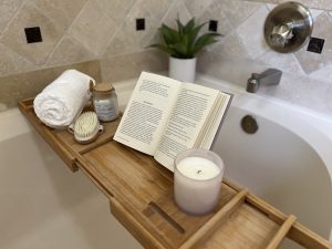 Staged tray on bath tub